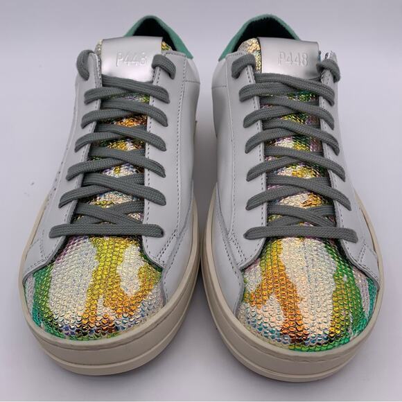 P448 John Women's White Leather Glitter Camo Iridescent Sneakers - Size: EUR 36 - Picture 10 of 15